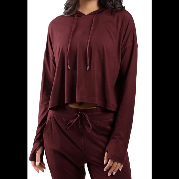 90 DEGREES BY REFLEX Heathered Thumbhole Cuff Cropped Hoodie, Cabernet, L, NWT - Picture 2 of 7